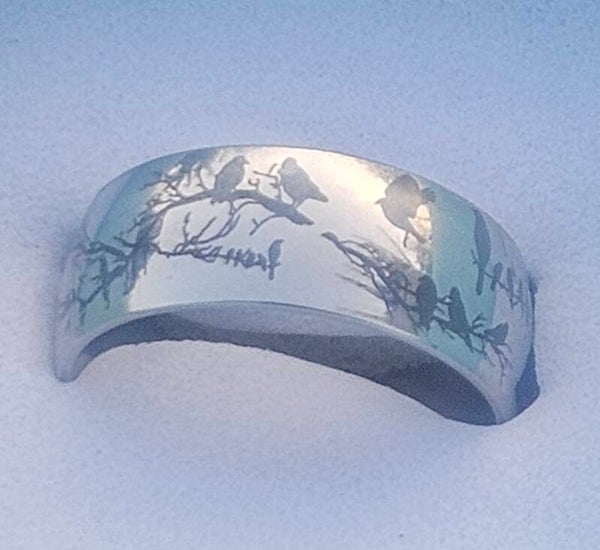 STAINLESS STEEL MENS RING BLACK CROWS SITTNG IN THE TREES