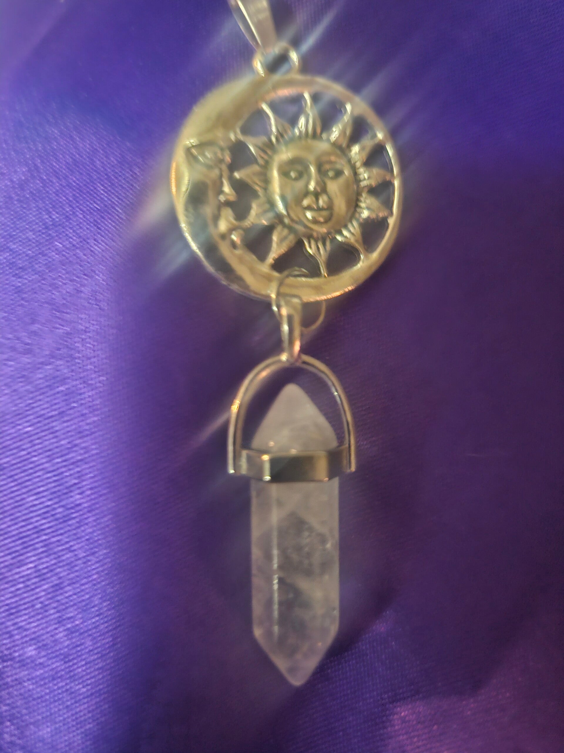 STERLING SILVER SUN AND MOON WITH DOUBLE POINTED NATURAL QUARTZ CRYSTAL PENDANT