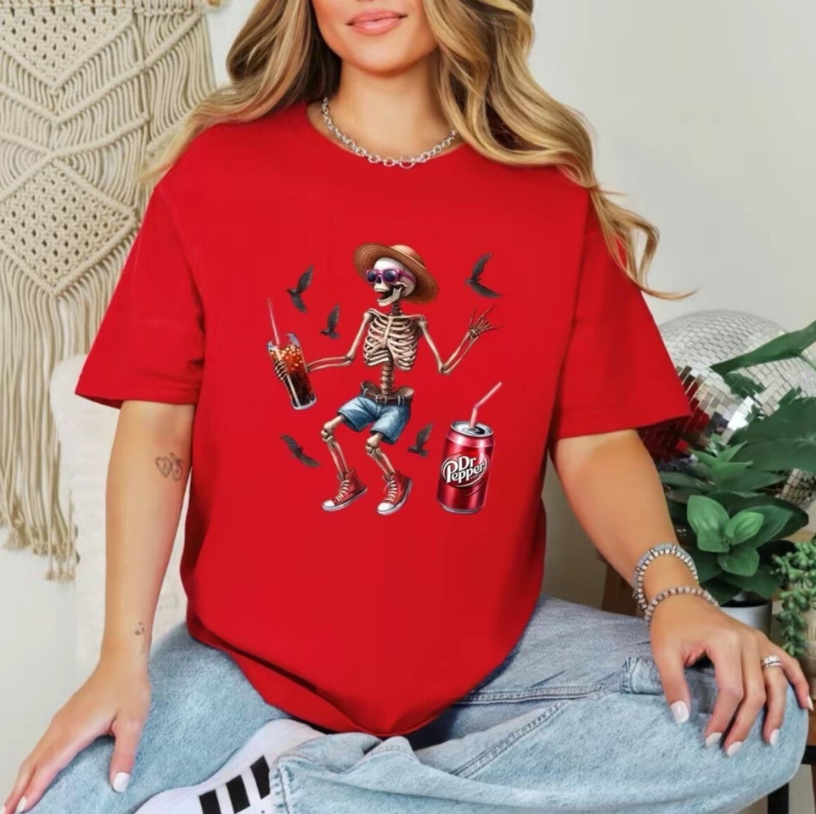 A Skeleton Dressed in a hat And a Dr Pepper T-Shirt