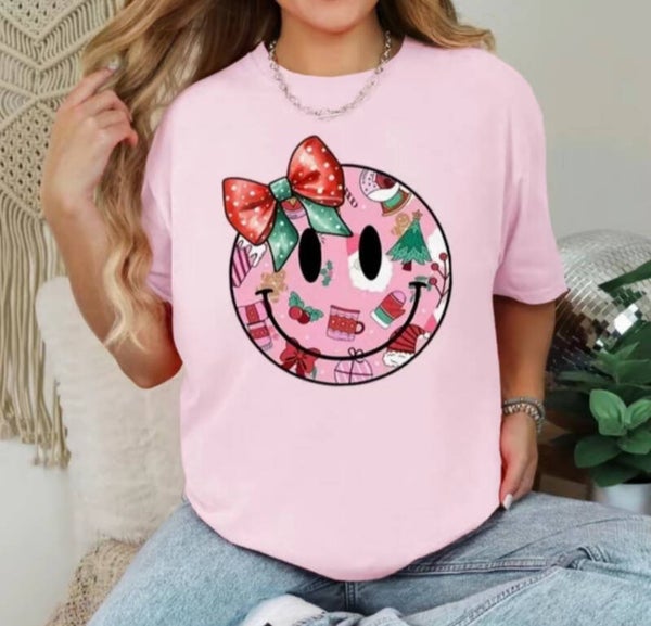 Christmas Smiley Face W/ Bow T-Shirt