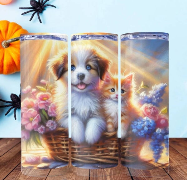 Tumbler With A puppy And Kitten.