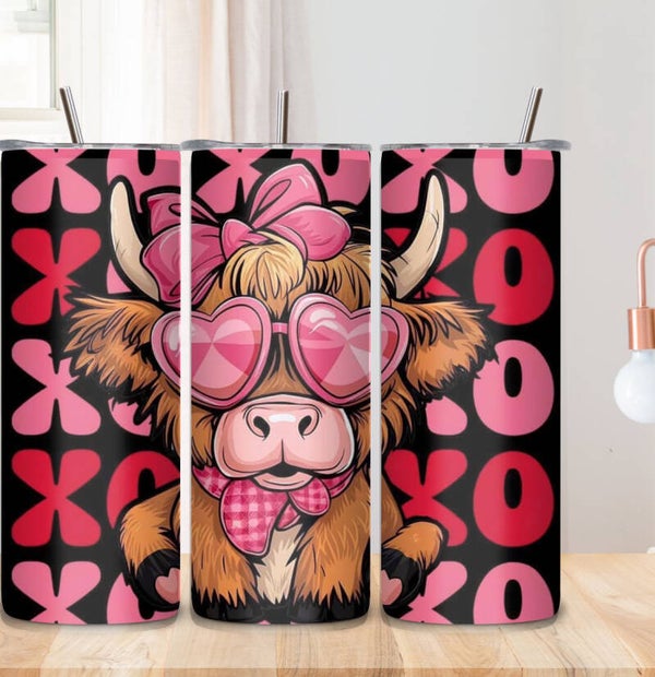 X’s & O’s on a Highland Cow Tumbler