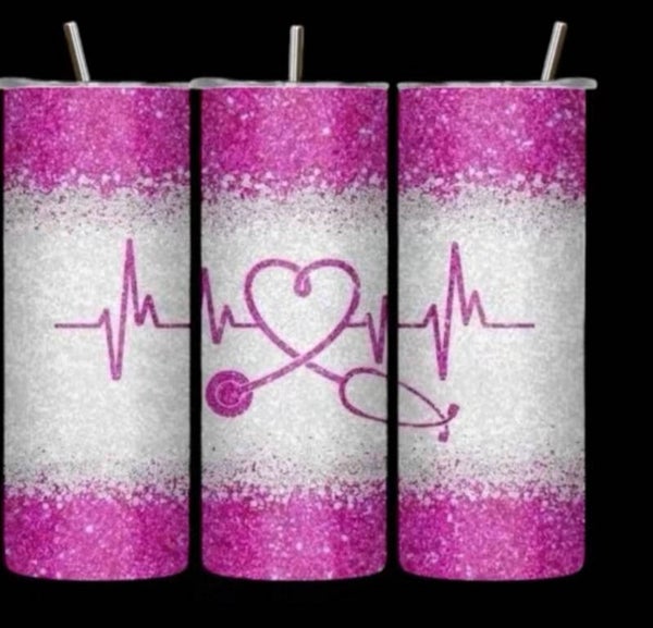 Pink and White heartbeat Nurse Tumbler.