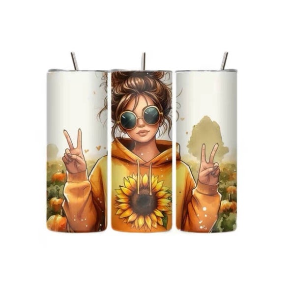 Girl with sweatshirt and a peace sign tumbler