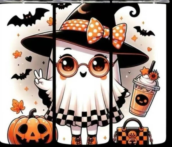 Halloween tumbler with a ghost and a drink.