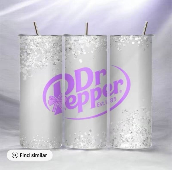 Dr Pepper glitter tumbler with purple writing .