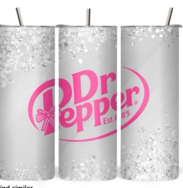 White Dr Pepper with glitter design Tumbler.