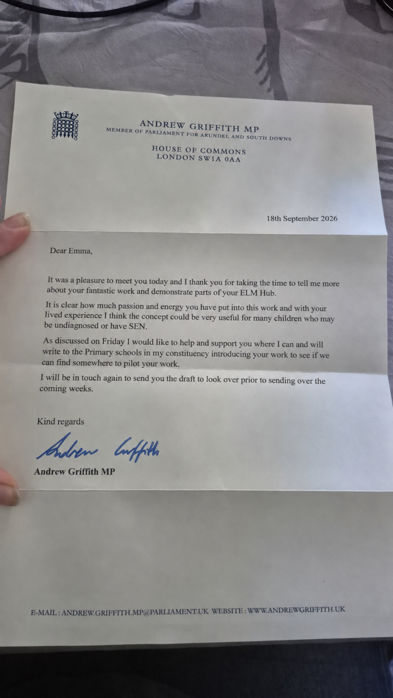 Letter from Andrew Griffith MP dated 18 September 2026, offering to introduce ELM Editions’ work to local primary schools to explore a possible pilot. Recipient address and reference removed.