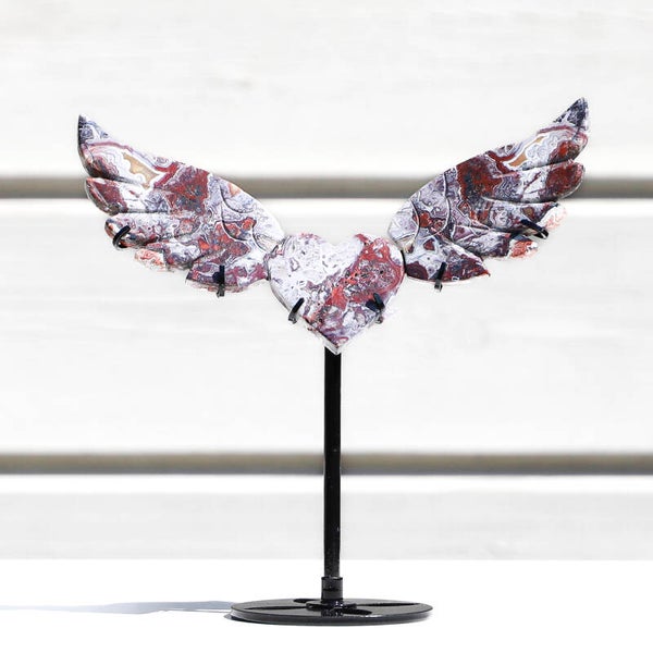 Mexicaanse Crazy Lace Agaat Vleugels / Hart Op Standaard #398c