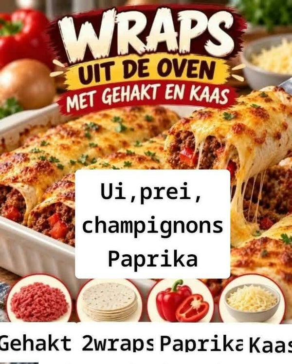 2Wraps  met gehakt ,paprika,champignons, ui,prei zelf nog even in de oven zetten