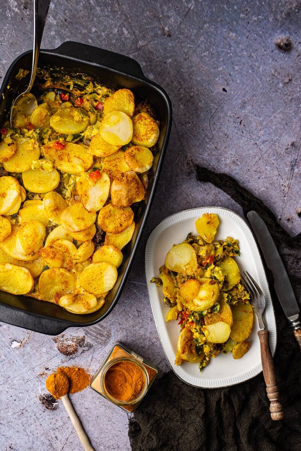 Ovenschotel prei met aardappelschijfjes