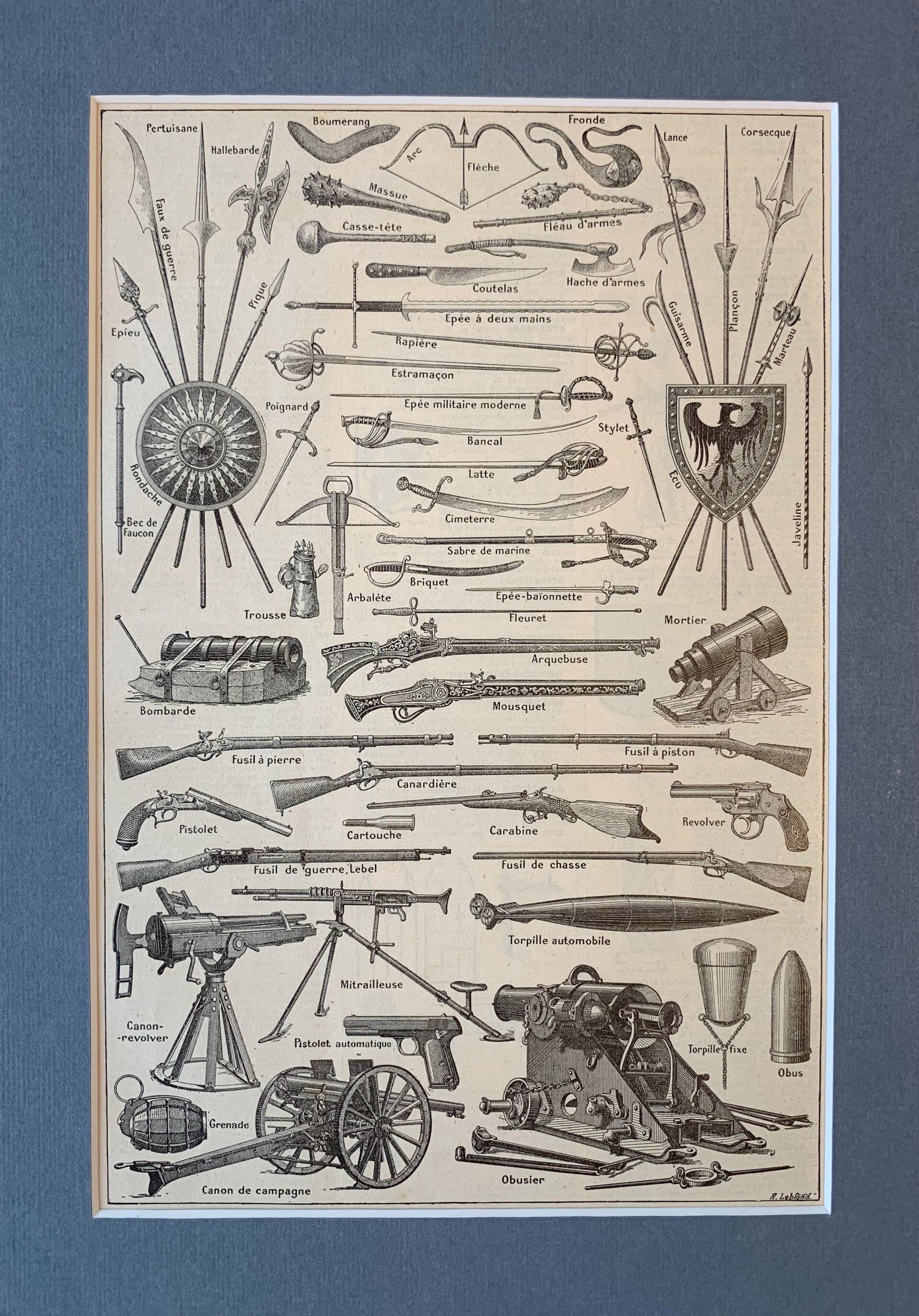 Antique print of historical weaponry, 1922