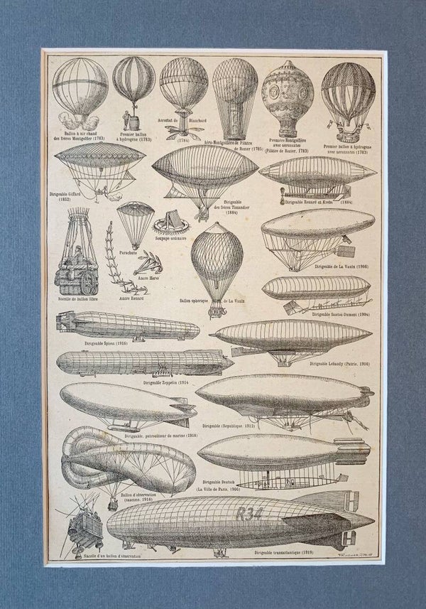 Antique print of historical airships, 1922