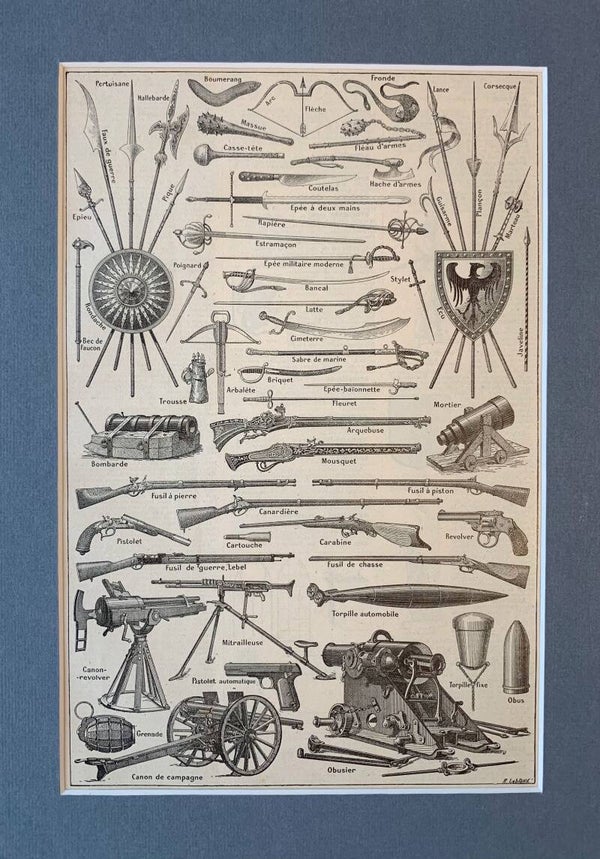 Antique print of historical weaponry, 1922
