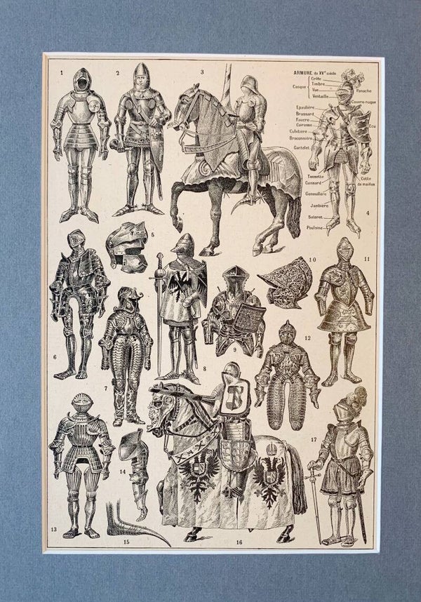 Antique print of medieval knights' armour, 1922