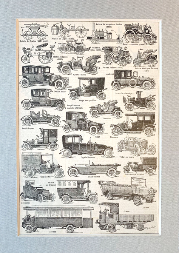 Antique print of historical automobiles, 1922