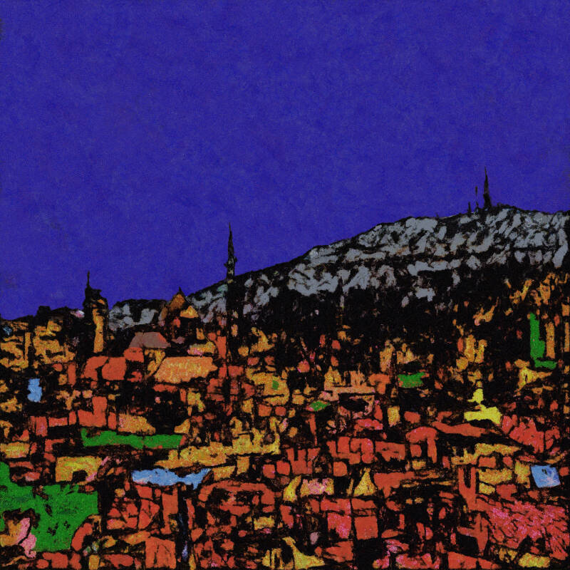 Night of Damascus, Mount Qasioun 75 x 75 cm Mixed media on canvas 2023