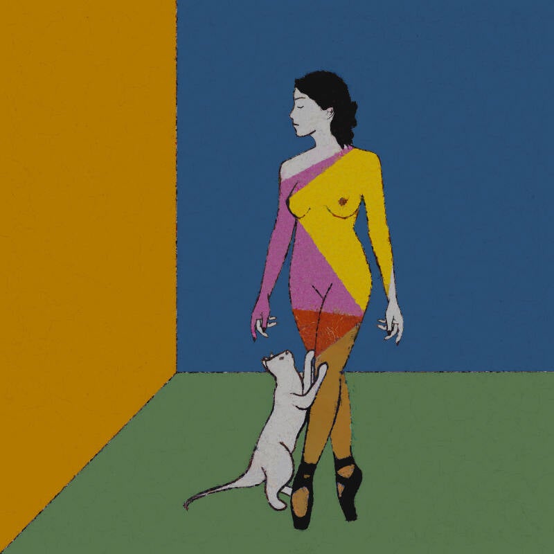 Ballerina and her white cat 75x75 Mix Media on canvas 2023