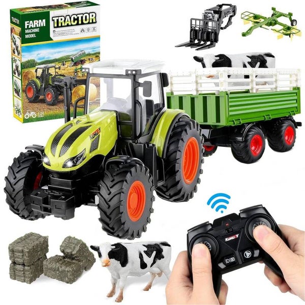 Korody RC Tractor met Afstandsbediening 3-in-1 – Inclusief Aanhanger, Palletvork, Hooihark, Koe & Hooibalen – Oplaadbare Speelgoed Tractor voor Kinderen vanaf 3 Jaar