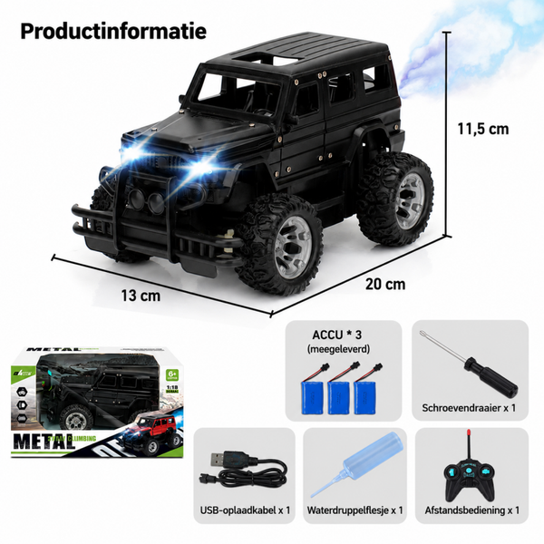 RC Offroad Terreinwagen met Stoomfunctie & LED-verlichting – Afstandsbedienbare 4x4 Auto – 2,4 GHz – 3 Accu’s – Tot 75 Min. Rijtijd – Zwart