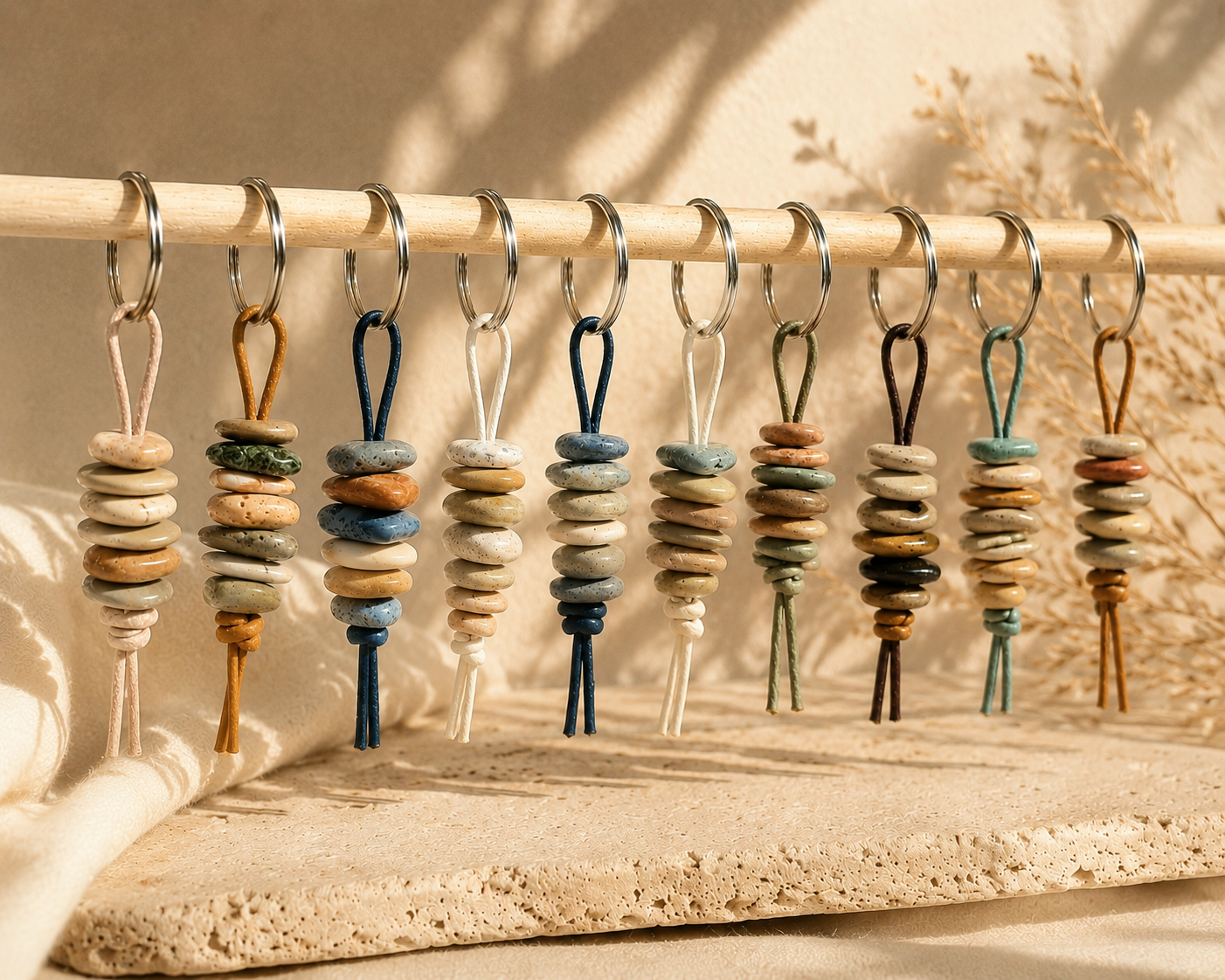 Llaveros artesanales con piedras naturales del Mediterráneo y cuero de calidad elaborados a mano.