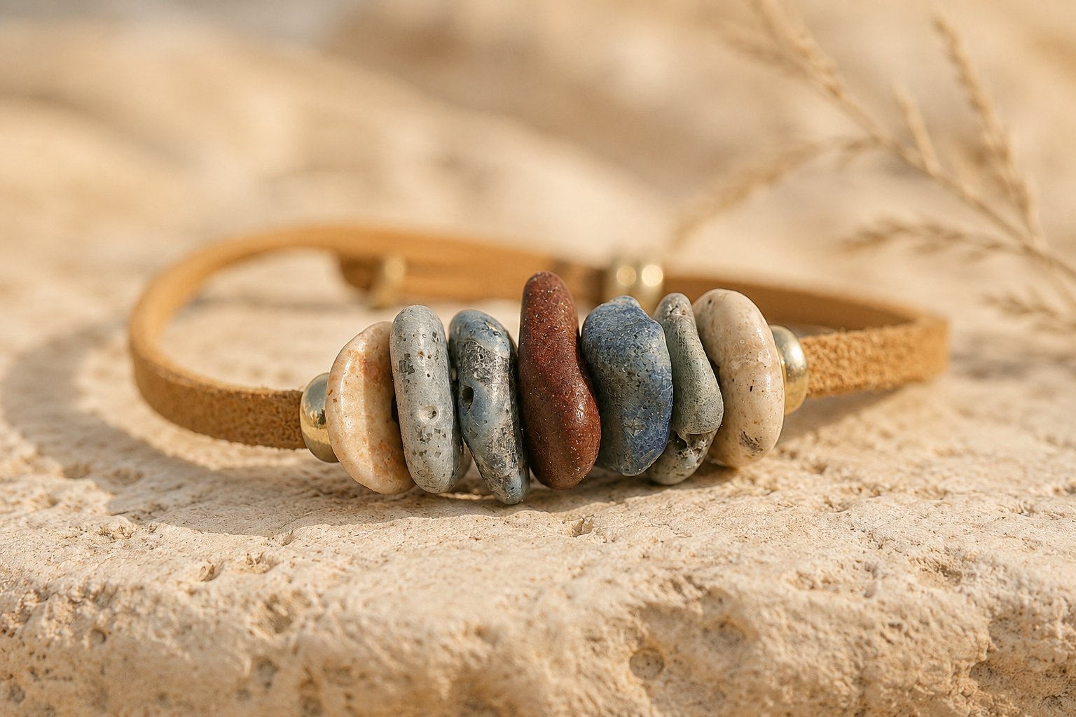 Pulseras con piedras naturales del Mediterráneo y cuero de calidad elaboradas a mano.