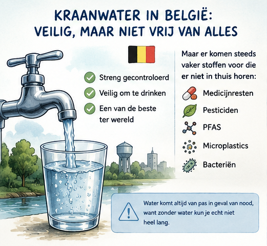 Infografiek over de kwaliteit van Belgisch kraanwater en mogelijke ongewenste stoffen zoals PFAS, pesticiden en microplastics.