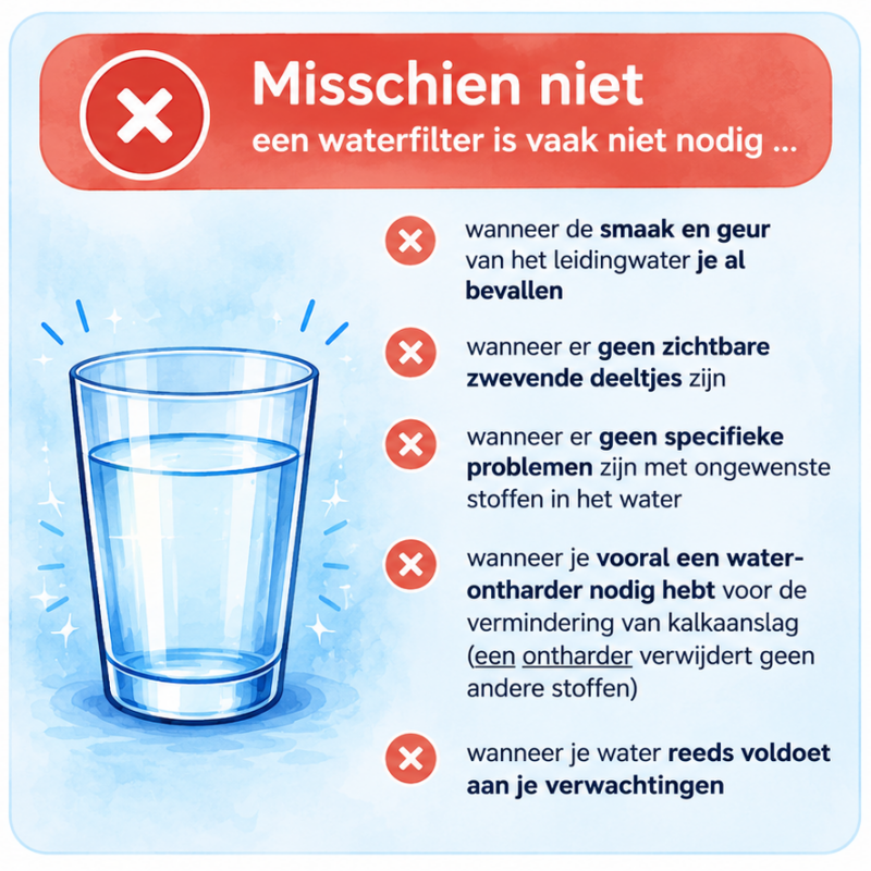 Infografiek van Aquaman met een glas helder drinkwater, die uitlegt wanneer extra waterfiltratie niet noodzakelijk is en het bestaande leidingwater aan de verwachtingen voldoet.
