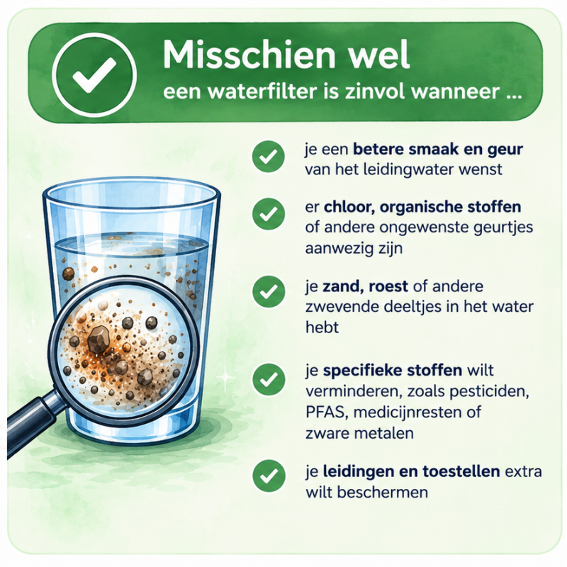 Infografiek van Aquaman met een glas water en vergrootglas, die toont wanneer een waterfilter nuttig kan zijn voor smaak, geur, zwevende deeltjes en specifieke ongewenste stoffen.