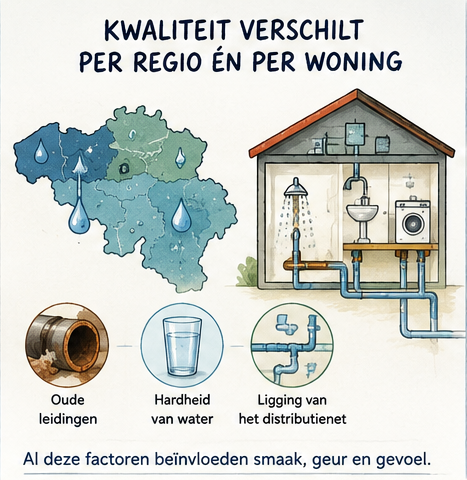 Infografiek over verschillen in waterkwaliteit per regio en woning, met aandacht voor waterhardheid, oude leidingen en het distributienet.