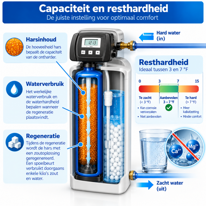 Illustratie van een compacte waterontharder met harsfles en zoutvoorraad, waarbij de capaciteit, het waterverbruik en de aanbevolen resthardheid van 3 tot 7 Franse graden worden toegelicht.
