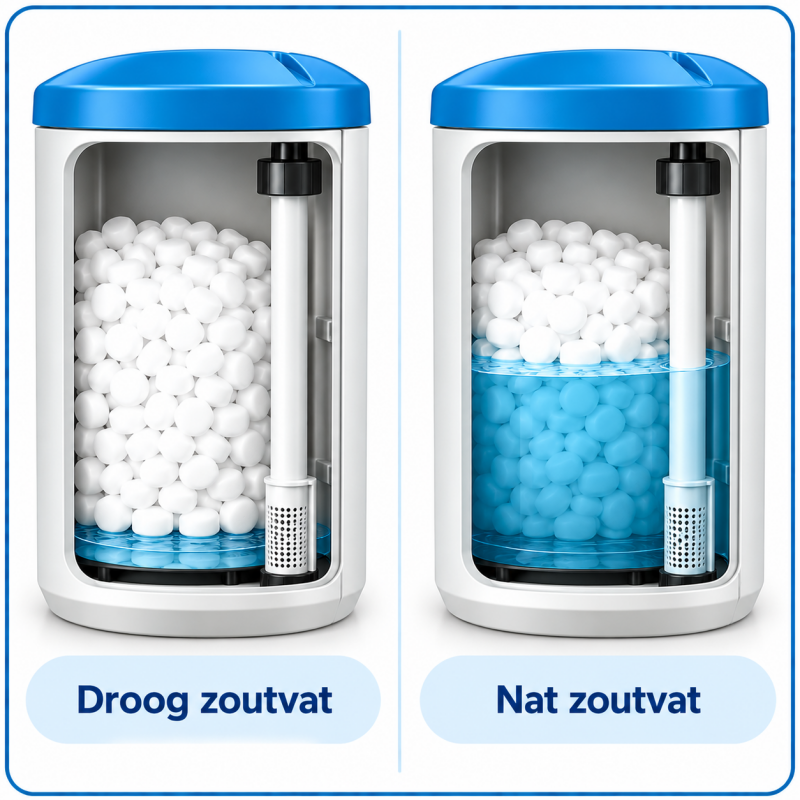 Vergelijking van een droog en nat zoutvat bij waterontharders, met doorsneden die het verschil in waterniveau en de positie van het regeneratiezout tonen.