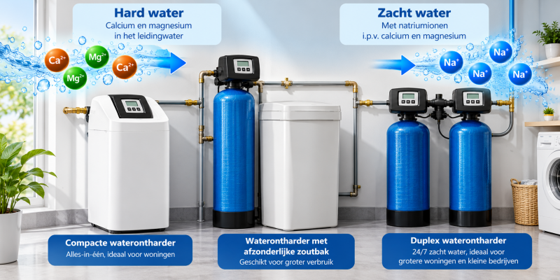 Overzicht van drie soorten waterontharders: een compact alles-in-één-model, een waterontharder met afzonderlijke zoutbak en een duplexinstallatie voor continue levering van zacht water.