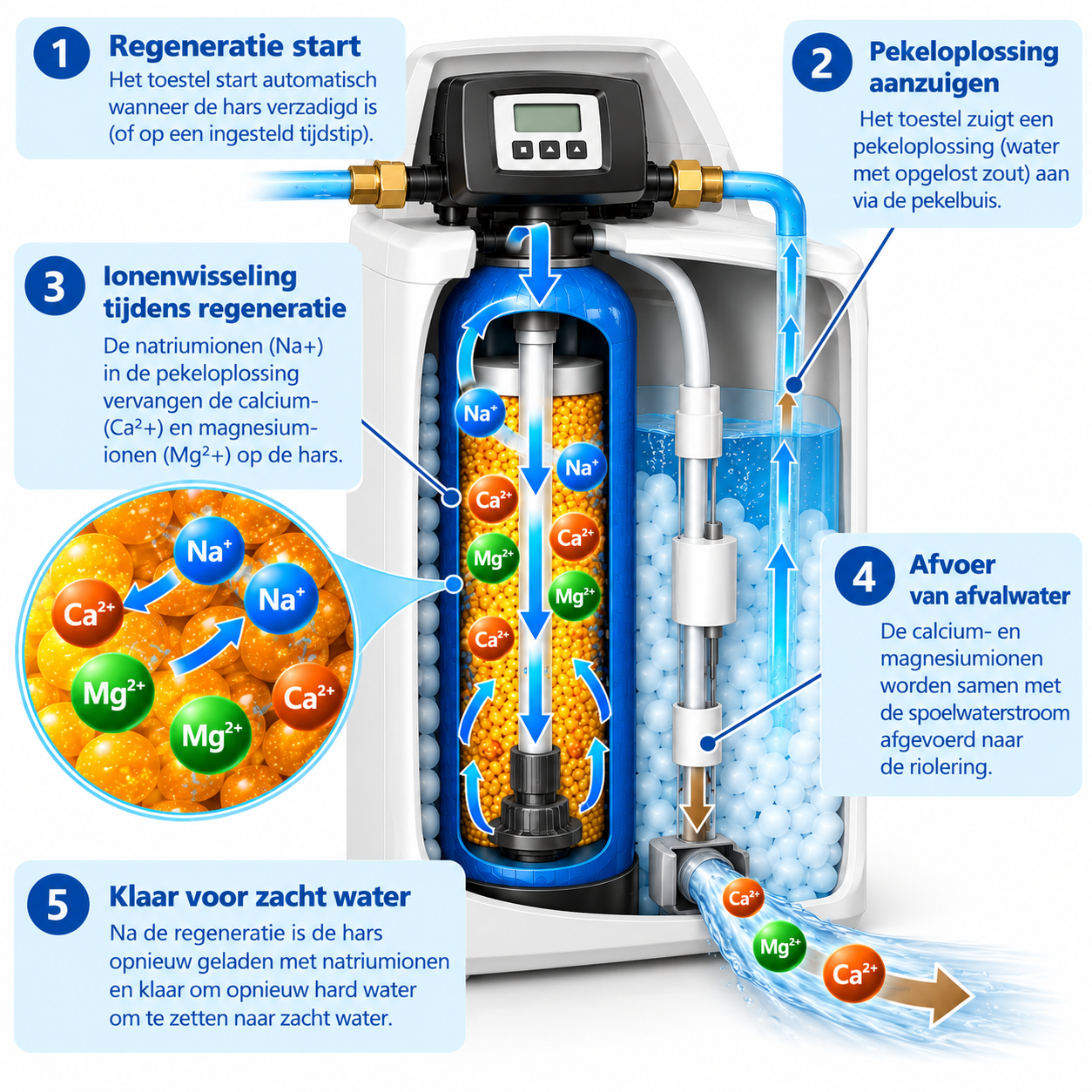 Schematische voorstelling van de regeneratie van een compacte waterontharder, waarbij pekel uit het zoutreservoir wordt aangezogen, de ionenwisselaarhars wordt geregenereerd en het spoelwater wordt afgevoerd.