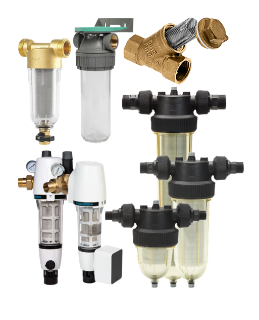 Verschillende soorten waterfilters, waaronder zeeffilters, filterbehuizingen en tegenspoelfilters voor bescherming van waterleidingen en toestellen.