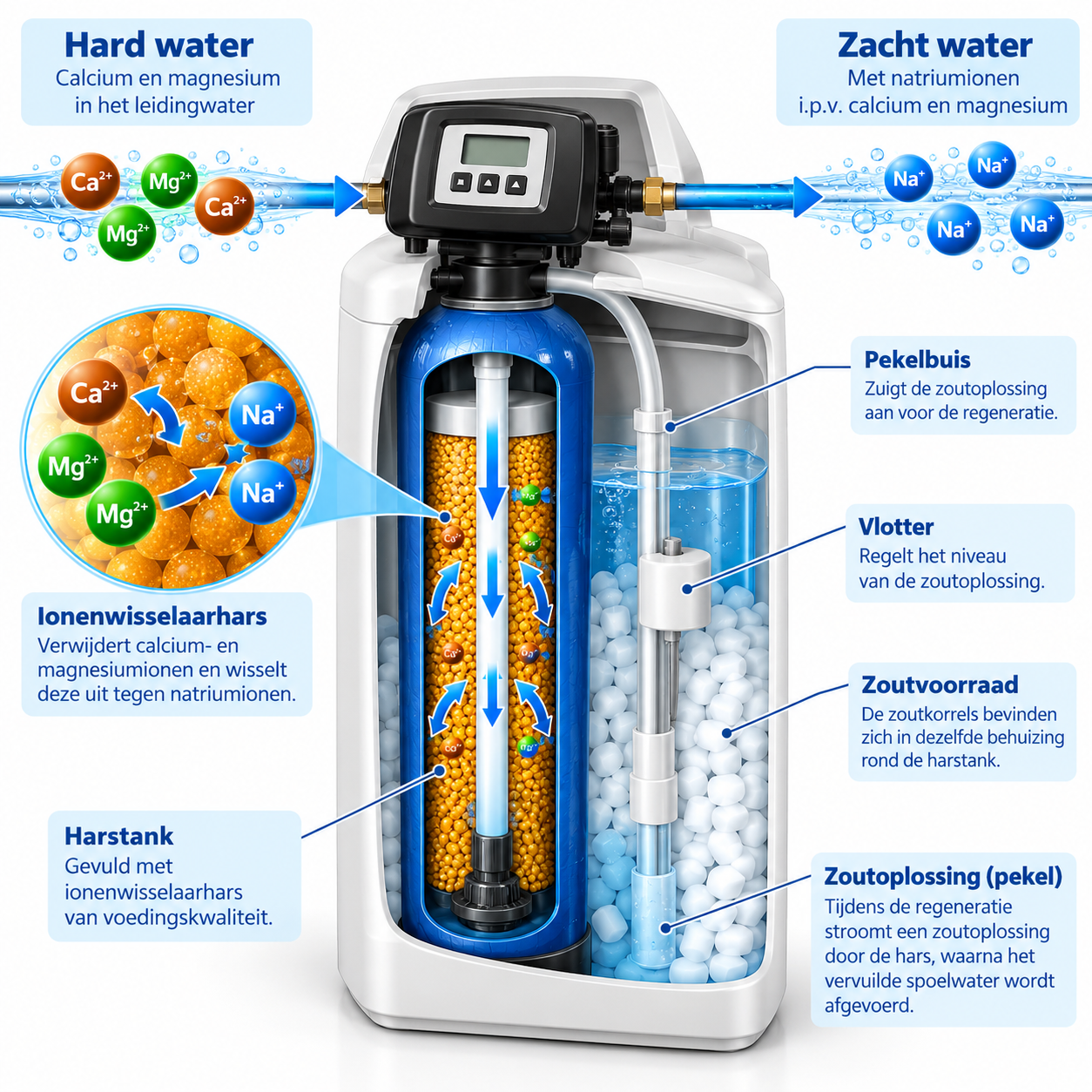 Doorsnede van een waterontharder met ionenwisselaarhars, calcium- en magnesiumionen, natriumionen en zoutreservoir.