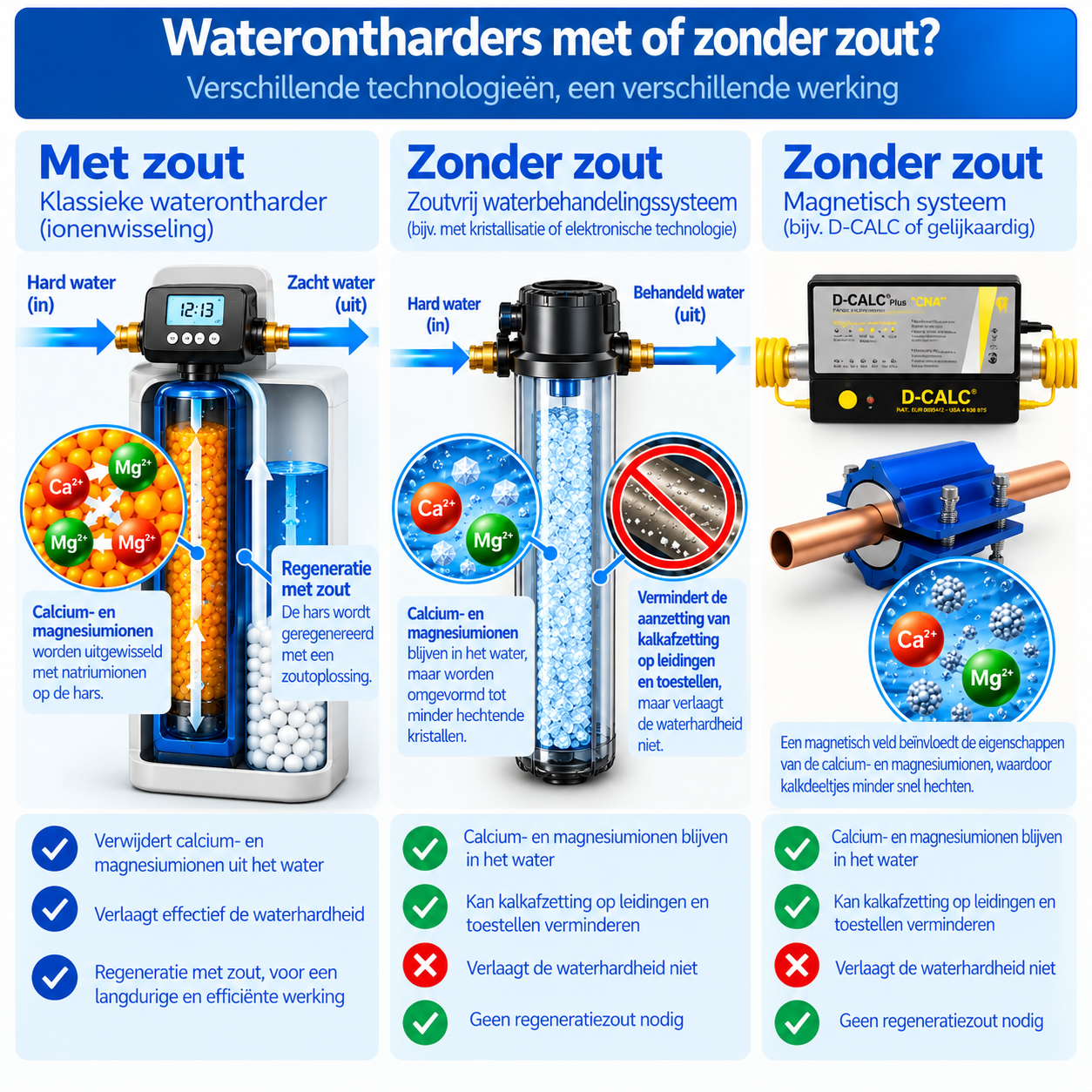 Vergelijking van een klassieke waterontharder met zout, een zoutvrij kristallisatiesysteem en elektronische of magnetische kalkbehandeling, met uitleg over hun werking en invloed op de waterhardheid.