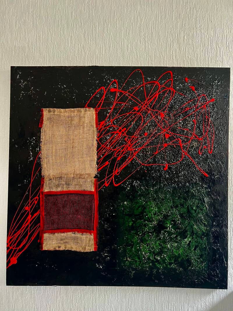 N°34-toile-1m x 1m -acrylique, plâtre, toile de jute