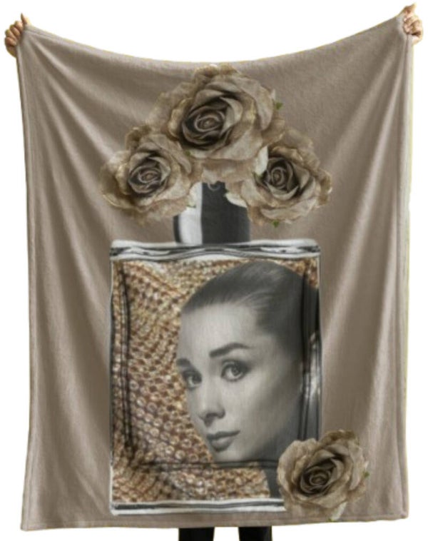 Audrey Hepburn in Perfume Bottle Blanket | Chic Fashion Throw Roses