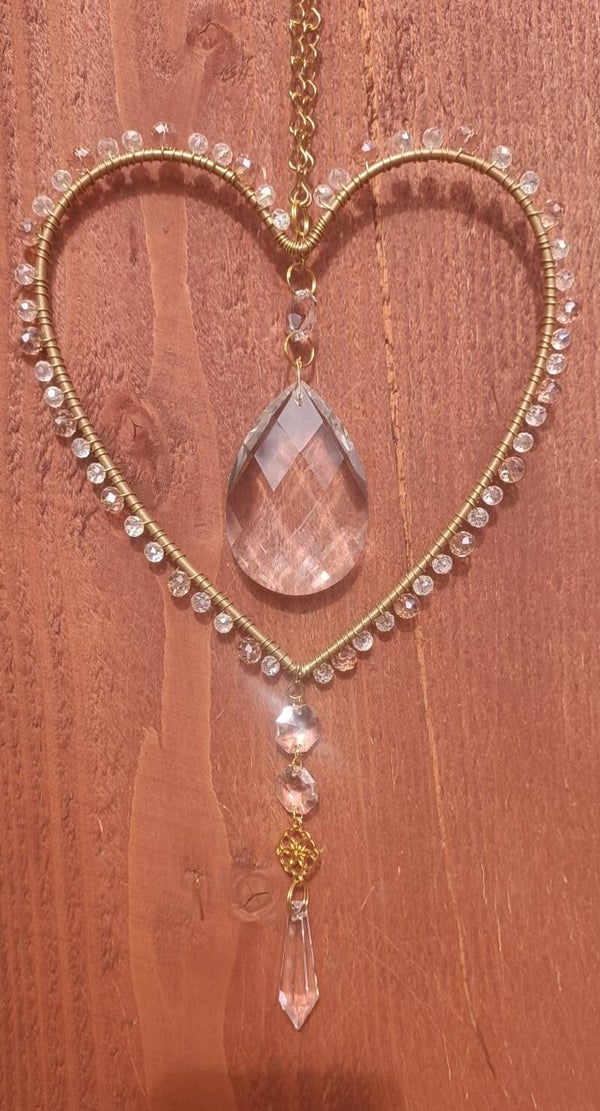 Sonnenfänger Herz, Perlen -rosa & transparent-gold