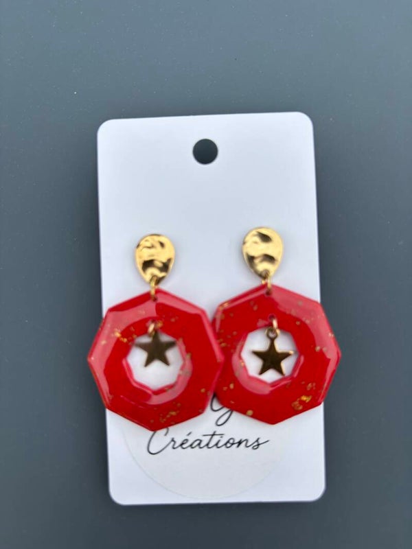 Boucle d'oreilles rouges et dorées