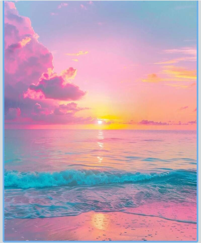 Pastel sunrise over the ocean with pink clouds and turquoise waves