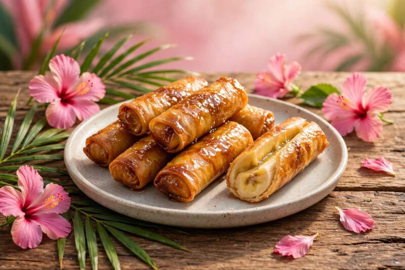 A plate of crisp golden banana lumpia with caramelized sugar, one cut open to show the banana inside, pink hibiscus beside the plate