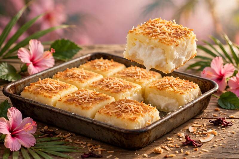 A pan of butter mochi squares with toasted coconut, one piece lifted to show the soft chewy middle, pink hibiscus beside the pan