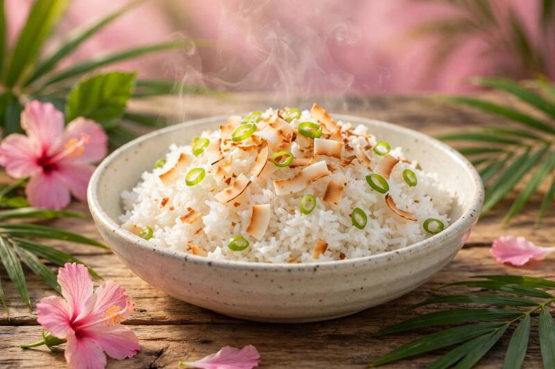 A bowl of fluffy coconut rice with toasted coconut and green onions, pink hibiscus beside it