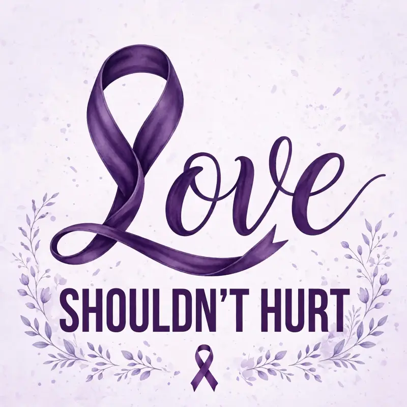 Love Shouldn't Hurt — the letter L is a purple awareness ribbon.