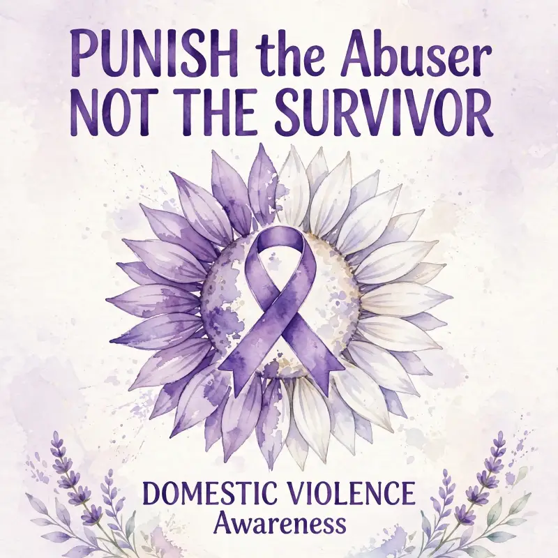 Punish the Abuser, Not the Survivor — Domestic Violence Awareness, purple and white sunflower with a purple ribbon.