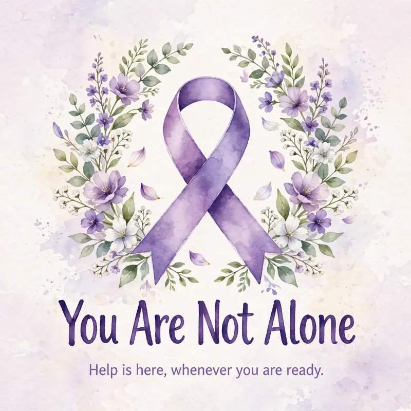 Purple domestic violence awareness ribbon in a wreath of flowers — You Are Not Alone. Help is here, whenever you are ready.