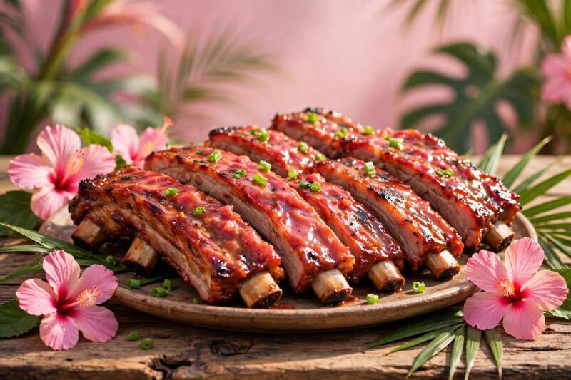 A platter of guava BBQ ribs with a glossy guava glaze and green onions, pink hibiscus beside the platter