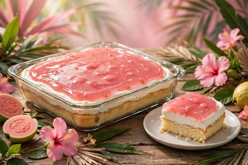 A Hawaiian guava cake with white cream frosting and a shiny pink guava gel layer, one slice on a plate, pink hibiscus beside the pan
